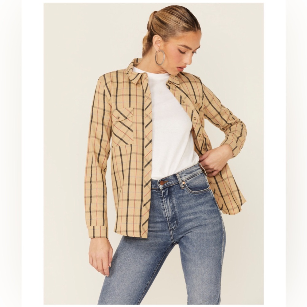 WILD MOSS | TAN PLAID BOYFRIEND LONG SLEEVE WOVEN FLANNEL SHIRT | Size Medium